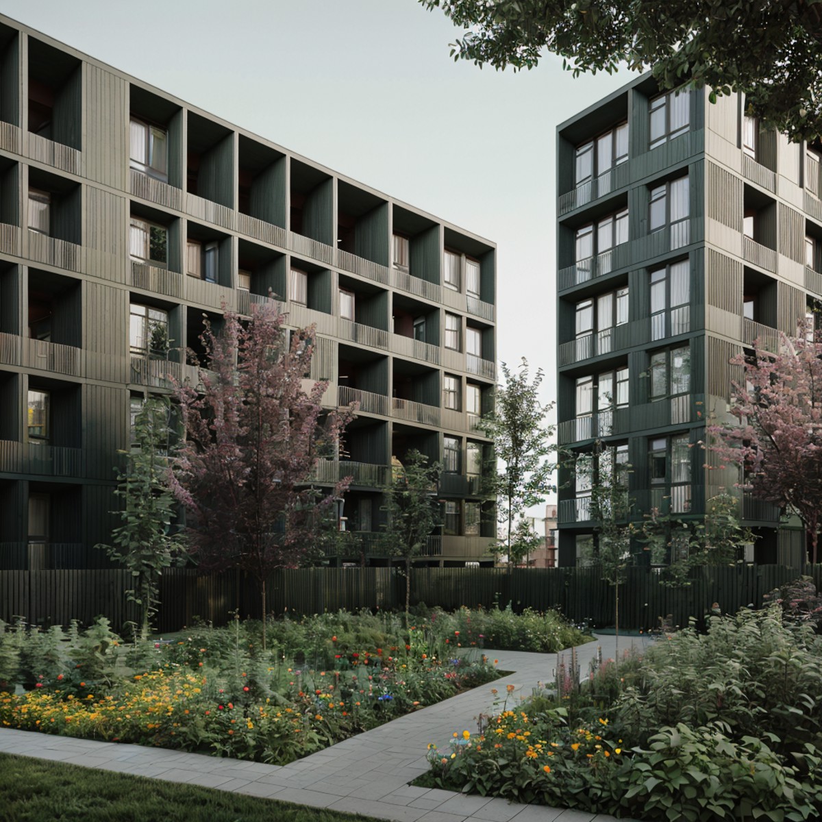 RAW photo of a co-housing residential complex, common garden, 1man, flower, bush, render, matte colored facade, entire bui...
